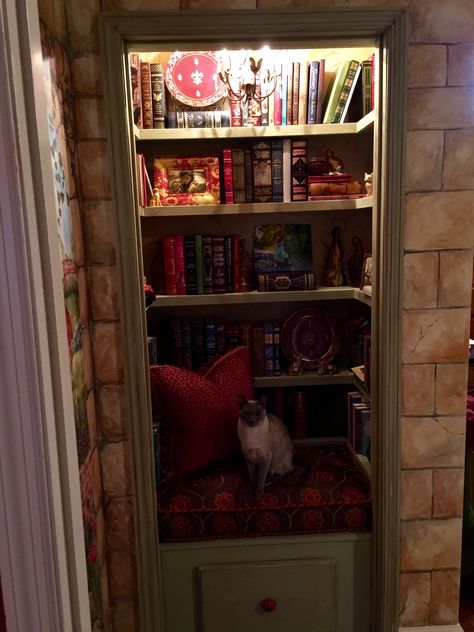 Small closet turned into library nook Library Office Room Ideas, Tiny Library Room, Book Nook Closet, Closet Library, Library Nook, Small Home Library, Closet Nook, Reading Nook Closet, House Closet