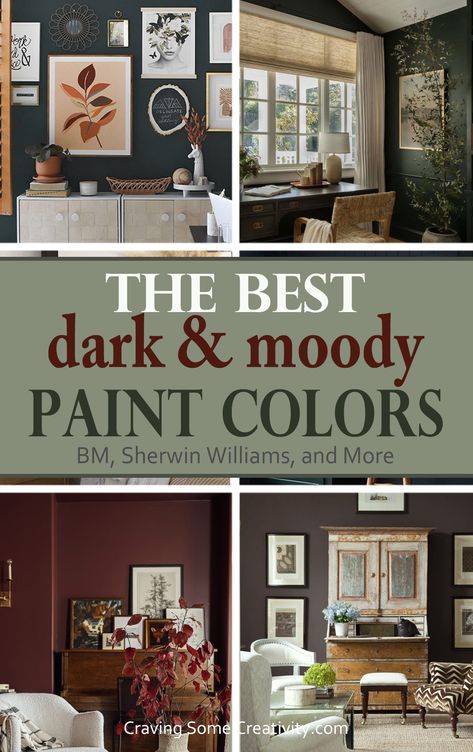 Collage of dark painted rooms including moody bedrooms, offices, and living rooms. Best Moody Paint Colors Behr, Best Dark Paint Colors Sherwin Williams, Rich Dark Paint Colors, Small Dark Hallway Paint Colors, Moody Paint Schemes, Moody Painted Rooms, Valspar Irish Paddock, Dark Academia Room Paint, Sw Big Dipper Paint