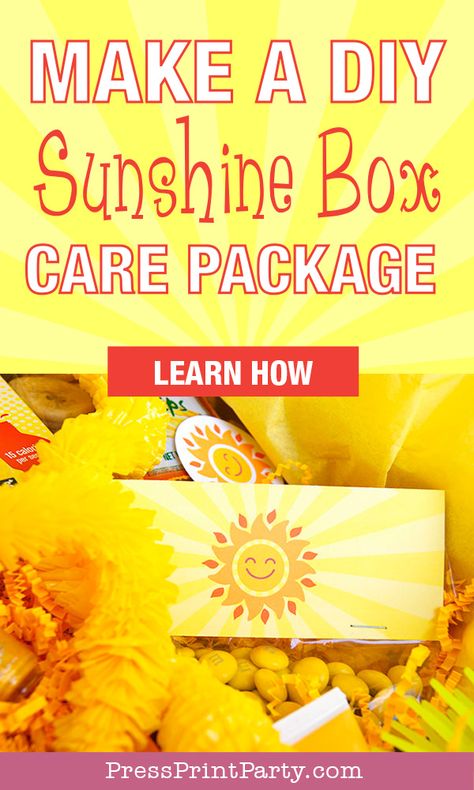 smiley sun with yellow gifts make a diy sunshine box care package press print party Thinking Of You Box Ideas, Sunshine Gifts For Teachers, Encouragement Boxes Diy, Yellow Items For Box Of Sunshine, Encouragement Box Ideas, Thinking Of You Care Package Ideas, Yellow Gifts Ideas, Basket To Cheer Someone Up, Diy Sunshine Box Ideas