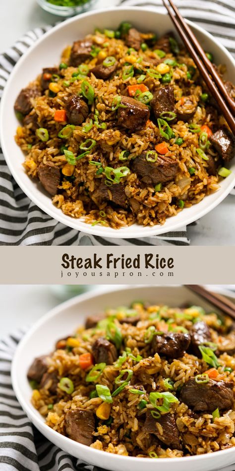 Beef Rice Recipes For Dinner, Skirt Steak Fried Rice, Wok Rice Recipes, Asian Rice Stir Fry, Leftover Steak Fried Rice, Corn Beef Fried Rice, Stewing Beef Stir Fry, Wok Dinner Recipes, Fried Rice With Beef Recipe