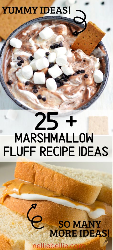 Yummy ideas for recipes for marshmallow fluff. A recipe for a version of Marshmallow Fluff with corn syrup or without corn syrup. #fluff #marshmallow #recipes What To Eat With Marshmallow Fluff, Snacks With Marshmallow Fluff, Marshmallow Fluff Snacks, Fluff Recipes Desserts Marshmallow, Dessert Recipes With Marshmallow Fluff, How To Use Marshmallow Fluff, Marshmello Fluff Recipes Desserts, Recipes For Marshmallow Fluff, Fluff Marshmallow Recipes