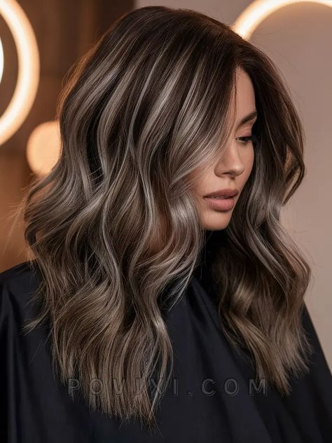 Brown Balayage With Ashy Tones, Dark Brunette With Ash Highlights, Different Types Of Hair Highlights, Brunette Ashy Balayage Hair, Dark Brown Hair With Cool Highlights, Fun Fall Hair Colors Brunettes, Darker Highlights Brunettes, Cool Toned Brown Hair With Highlights, Smoky Balayage