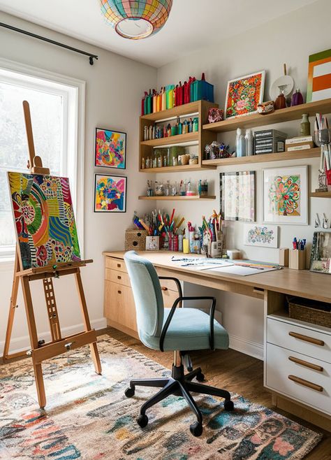 Home Office Artist Studio, Artist's Room Decor, Art Easel Living Room, Home Office And Art Room, Small Office Studio Ideas, Art Space In Apartment, Artists Room Ideas, Art Desk In Bedroom, Craft Room Desks And Storage