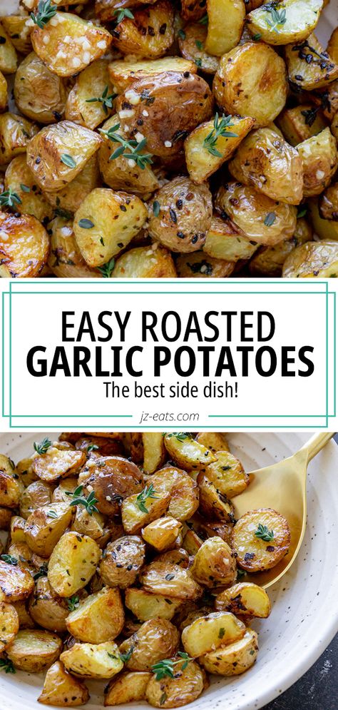 Roasted Garlic Potatoes Recipes, Garlic Butter Potatoes Skillet, Park Garlic Potatoes, Roasted Potatoes Side Dish, Garlic Butter Small Potatoes, Herb Potatoes Baked, Sliced Garlic Potatoes, Easy Garlic Potatoes, Things To Do With Roasted Garlic