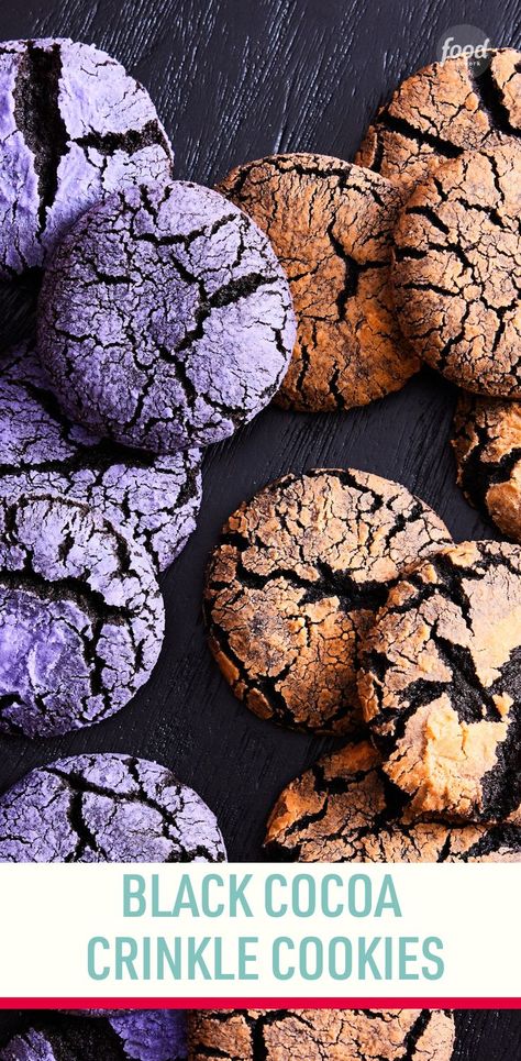 Recipe of the Day: Black Cocoa Crinkle Cookies 🖤 These soft and chewy cookies are frightfully fun with a stark black center and colorful Halloween-inspired powdered sugar coating on the outside. This recipe is perfect for a trick-or-treat celebration when you’re short on time; chilling the dough isn’t required, so the cookies come together quickly and will be on the table in about an hour. Cocoa Powder Recipes, Crinkle Cookies Recipe, Black Cocoa, Gooey Chocolate Chip Cookies, Chewy Cookies, Cocoa Recipes, Cocoa Cookies, Cookie Spread, Espresso Powder