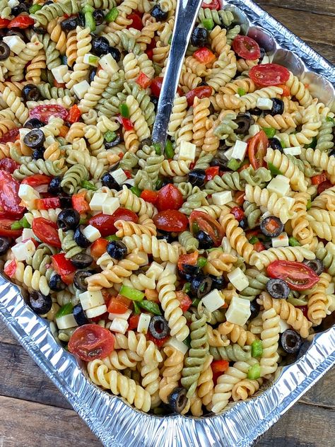 Tri colored rotini pasta salad with cherry tomatoes, olives, cheese, bell peppers and Italian dressing Try Color Pasta Salad, Tri Color Pasta Salad Recipes Cold, Pasta Salad Recipes Tri Color, Classic Italian Pasta Salad Recipes, Boxed Pasta Salad Add Ins, Box Pasta Salad Add Ins, Tri Color Rotini Pasta Salad, Tri Color Noodle Pasta Salad, Rotini Pasta Salad Italian Dressing