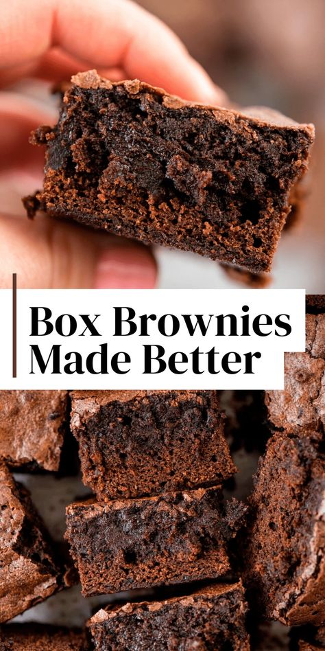 This is our family’s favorite easy brownie recipe! Learn how to make box brownies better with these brownie mix hacks. A few ingredients creates an amazing doctored up brownie recipe from a box. How To Make A Brownie Mix Better, Improve Brownies Boxed, Gourmet Brownies Boxes, Make Brownie Mix Better, How To Doctor Up Boxed Brownies, 100 Hour Brownies Recipe, Tik Tok Brownies, Box Brownie Mix Hacks, Brownies From Box Made Better