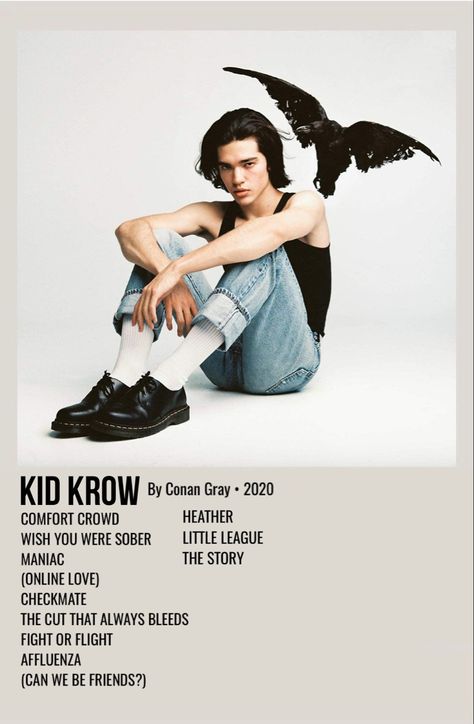 minimal polaroid album poster for kid krow by conan gray Gray Album Covers, Kid Krow, Minimalist Music, Conan Gray Aesthetic, Music Poster Ideas, Vintage Music Posters, Poster Bedroom, Film Posters Minimalist, Music Poster Design