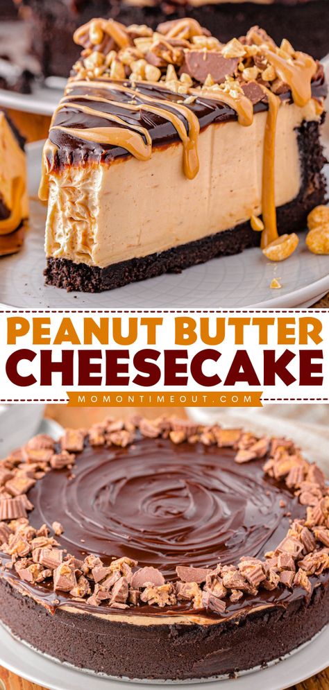 This dreamy Peanut Butter Cheesecake recipe features a decadently creamy peanut butter filling, crunchy OREO crust and luscious chocolate ganache topping. Every bit as indulgent as it sounds! Perfect for potlucks, parties, holidays and more! Peanut Butter Pie Cheesecake, Chocolate Dessert For Potluck, Peanut Butter Cheesecake Cake, Chocolate Peanut Butter Cheesecake Recipes, Peanut Butter Cheesecake With Oreo Crust, Peanut Butter Topping For Cheesecake, No Bake Peanut Butter Chocolate Cheesecake Recipes, Chocolate Pb Cheesecake, Dessert Recipes Chocolate Peanut Butter