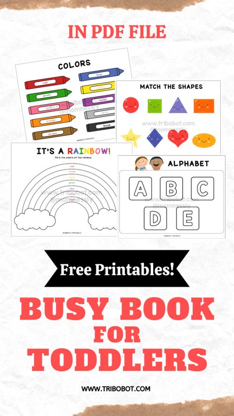 Busy Book For Toddlers - https://tribobot.com Free Printable Busy Book, Busy Book For Toddlers, Printable Busy Book, Diy Busy Books, Toddler Printables, Activity Books For Toddlers, Toddler Homeschool, Learning Worksheets, Kids Activity Books