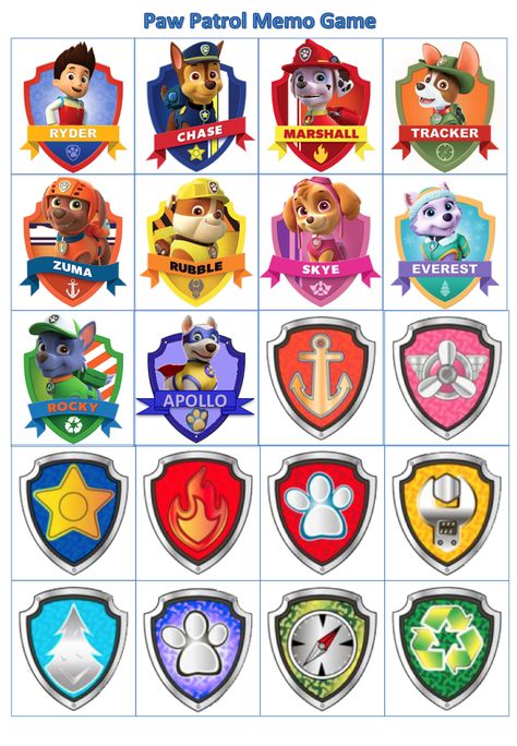 Paw Patrol - Pup-badge memo game Paw Patrol Pup Tags, Paw Patrol Badges Printable Free, Pow Patrol Birthday Theme, Paw Patrol Crafts, Paw Patrol Badge Printable, Birthday Party Games Ideas, Paw Patrol Party Printables, Paw Patrol Party Ideas, Paw Patrol Theme Party