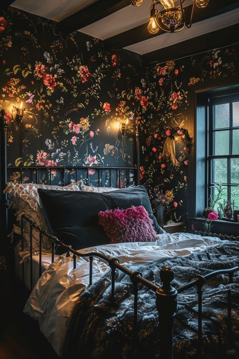 Soft Goth Home Aesthetic, Goth Bedroom Ideas, Dark Stained Wood Floors, Spooky Room, Whimsy Goth Bedroom, Houses Inside, Dark Floral Wallpaper, Wrought Iron Bed Frames, Goth House