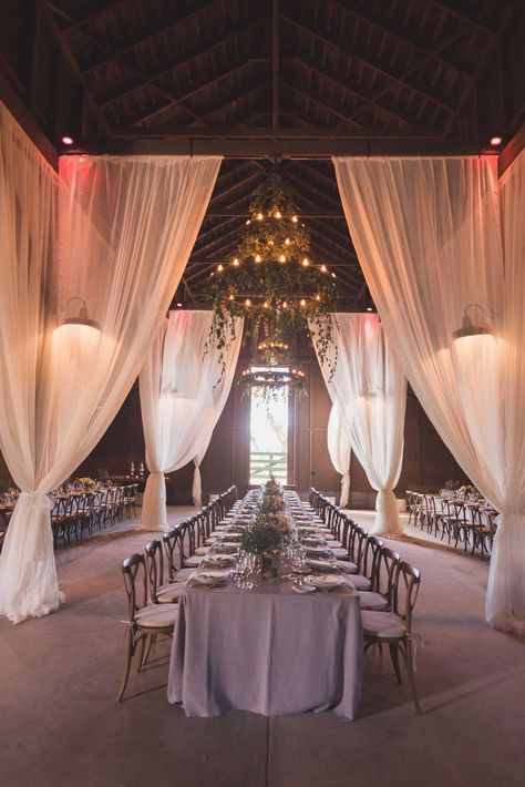 Ceiling Drapery, Wedding Draping, Draping Wedding, Ceiling Draping, Barn Reception, Staircase Decor, White Drapes, Barn Decor, Wedding Barn