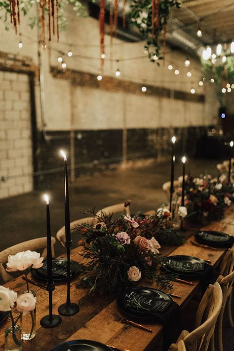 Black Taper Candles Wedding Table, Moody Forest Wedding Decor, Dark And Moody Table Settings, Dark Southern Wedding, Dark Tones Wedding, Classic Moody Wedding, Moody Romantic Centerpieces, Rustic And Black Wedding, Dark Moody Table Setting