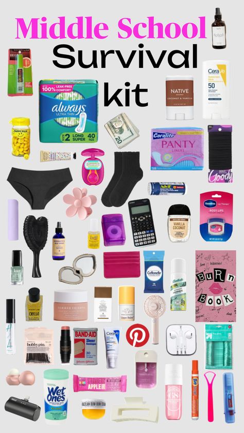 Girls Middle School Survival Kit, Must Haves Back To School, School Supplies Emergency Kit, Pe Bag Essentials School, School Emergency Kit For Girls Middle, School Bag Essentials 6th Grade, Emergency Kit For School 5th Grade, Middle School Survival Kit 6th Grade, 7th Grade Survival Kit