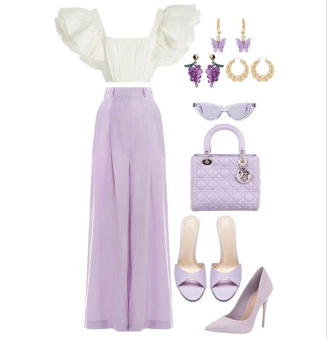 Light purple pants paired with a white top with ruffle sleaves. Choice of purple heels. A purple handbag. Fun purple sunglasses. Either purple earrings or gold earrings. Purple Semi Formal Outfit, Outfits With Light Purple Pants, Lavender And Gold Outfit, Purple And White Dress Outfit, Purple Earrings Outfit, Purple And Silver Outfit Ideas, Pale Purple Outfit, Purple Graduation Outfit, Purple And White Outfits For Women