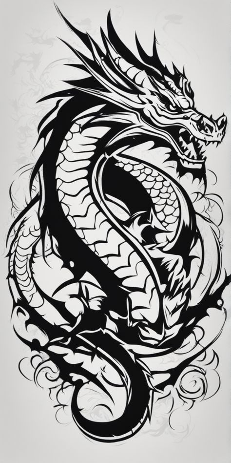 This image showcases a striking stencil-style dragon tattoo design. Dominating the blank canvas, the dragon is detailed in stark black and white, creating a powerful contrast and a captivating aesthetic. Black Dragon Tattoo Design, Dragon Art Black And White, Dragon Black And White, Dragon Stencil, Dragon Tattoo Outline, Simple Unique Tattoos, Dragon Tattoo Vector, Black And White Dragon, Dragon Tattoo Stencil