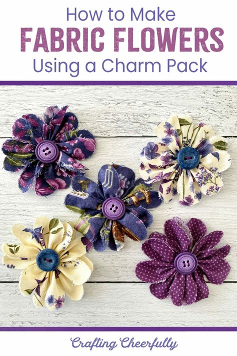 Create sweet DIY fabric flowers using cotton fabric and decorative buttons. These flowers can be made using a charm pack and are simple to make! Fabric Flowers Diy Easy, Diy Fabric Flowers, Flower Fabric Pattern, Fabric Flower Bouquet, Trees Fabric, Ornaments To Make, Making Fabric Flowers, Material Flowers, Scrap Fabric Crafts