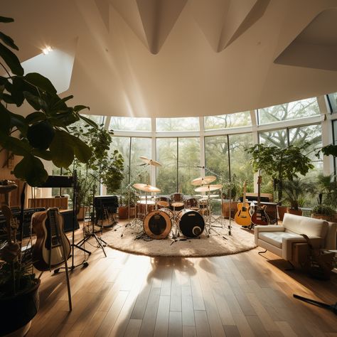 Big Music Room, Earthy Music Room, Sunroom Music Room, Japandi Music Room, Music Room Architecture, Fkj Home Studio, Luxury Music Studio, Boho Music Studio, Instrument Room Aesthetic