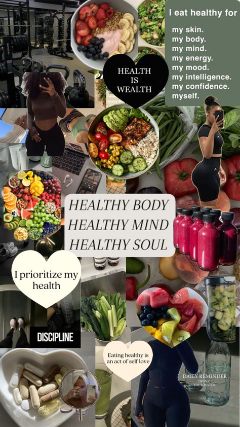 Healthy Meal Vision Board, Healthy Eating Aesthetics Vision Board, Healthy Living Vision Board, Good Health Vision Board, Healthy Food Collage, Healthy Eating Vision Board, Gentle Motivation, Motivation To Eat Healthy, Manifesting Motivation