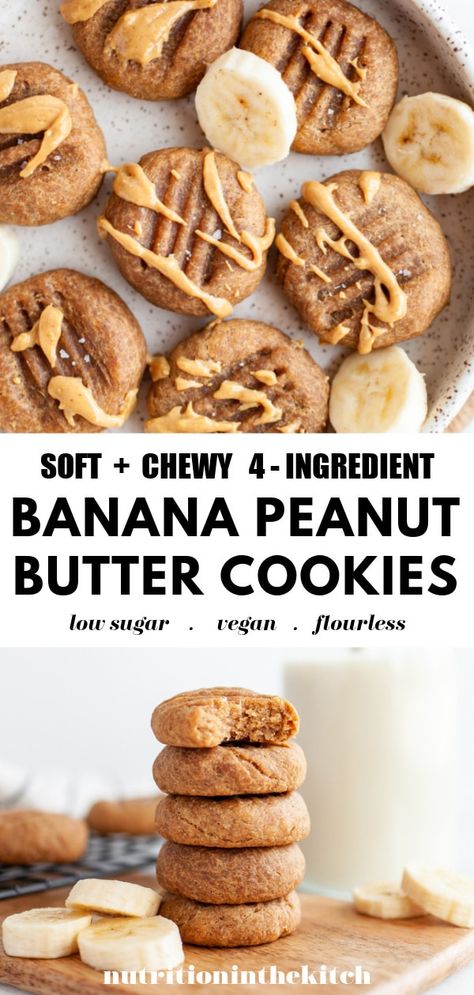 One of the easiest cookie recipes these flourless, vegan, gluten free banana peanut butter cookies are healthy (and seriously easy!). Made with just 4 ingredients these healthy banana cookies are stellar. Short on time? All you need is 15 minutes! Amp it up: try them with chocolate chips or other suggested additions! Banana Peanut Butter Cookies, Banana Cookies Healthy, Peanut Butter Banana Cookies, Banana Peanut Butter, Banana Cookies, Healthy Banana, Healthy Peanut Butter, Dessert Dips, Healthy Sweets Recipes