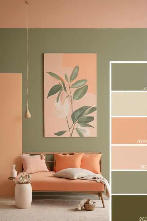 Office Colour Palette, Best Room Colour Combination, Color Combinations For Interior Design, Color Combinations Paint Living Room, Pistachio Room Ideas, Indoor Wall Color Ideas, Color Combination For Home, Color Combinations Interior, Peach And Green Interior