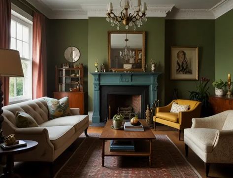 Living Room Designs Low Ceiling, Green Kitchen And Living Room Combo, Artful Eclectic Living Room, Color Drenched Living Room, Warm Color Living Room, Moody Eclectic Living Room, Olive Green Couch Living Room Ideas, Eclectic Traditional Living Room, Traditional Eclectic Living Room