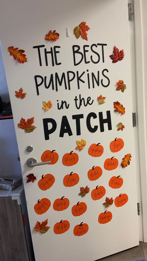 Fall Board Decorations, Class Fall Decorations, Fall Door Decor Preschool, Pumpkin Decorating Classroom, Fall Theme Decorations For Classroom, Classroom October Decor, Dipping Into Fall Classroom Door, Halloween Decorations Indoor Classroom, Fall Preschool Room Decor