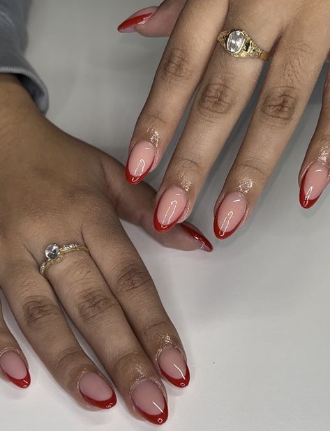 Red Tip Nails With Rhinestones, Dark Red Tip Nails Almond, Red Oval French Tip, Small Red French Tip Nails, Round Red French Tip Nails, Alomd Nails Ideas French Tip, Colored French Tips Almond, Almond Nails Red Tip, Red Tips Acrylic Nails