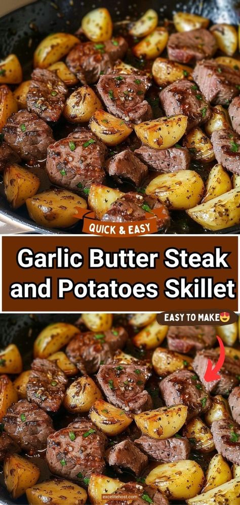 If you are looking for a new, special, and tasty recipe for your dinner then you will love the garlic steak butter and potatoes skillet. It is perfect for date nights, romantic evenings, family dinners... Garlic Steak Bites With Potatoes, Garlic Potatoes And Steak Bites, Dinners For A Family Of 6, Garlic Butter Potatoes And Steak, Steak And Potato Dinner, Buttered Steak And Potatoes, Beef Tips And Potatoes Skillet, Garlic Stake And Potatoes, Potato And Steak Bites