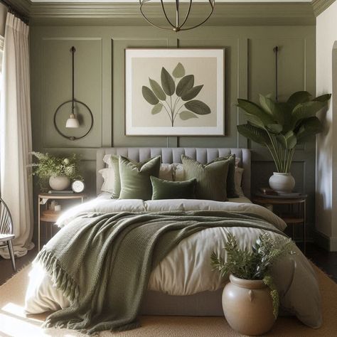 Olive Green Bedroom Olive Green And Grey Bedding, Beige And Olive Green Bedding, Light Grey And Sage Bedroom, Green Bedroom Beige Bed, Colors That Go With Olive Green Bedroom, Olive Green Bedroom Feature Wall, Dark Green Furniture Bedroom, Dark Olive Benjamin Moore Bedroom, Master Bedrooms Olive Green