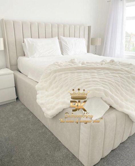 Super High Bed Frame, High Beds Ideas, California Bed Frames, Cream Wingback Bed, High Double Bed, White Ottoman Bed, White Double Beds, White Bed With Headboard, Cream Bedframe Ideas