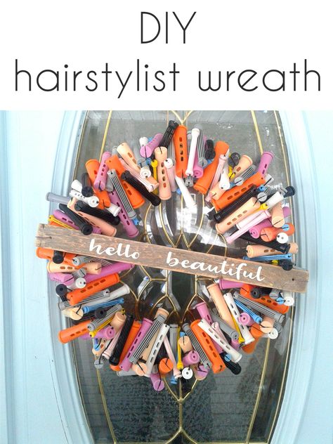 How to make a perm rod wreath for your favorite hairstylist!  #hairstylist #hair #gifts #giftideas Hair Salon Holiday Decor, Hairstylist Gift Ideas, Cosmetology Classroom Decor, Cosmetology Classroom Ideas, Diy Perm, Hair Stylist Gifts Ideas, Hello Beautiful Sign, Christmas Salon, Suite Decor