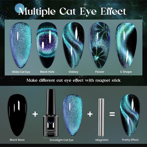 Short Stilleto Nails Cat Eye, Cat's Eye Nail Art, Gel Nail Designs Cat Eye, Long Acrylic Nails Cat Eye, Cat Eye Witch Nails, Glow In The Dark Cat Eye Nails, Magnetic Dip Nails, Magnetic Sparkle Nails, Galaxy Nail Art Cat Eye