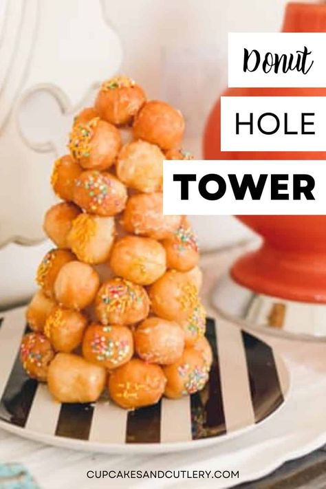 Donut Hole Tower, Breakfast Parties, Faux Desserts, Donut Tower, Easy Donuts, Diy Donuts, Learn Through Play, Birthday Party Desserts, Breakfast Party