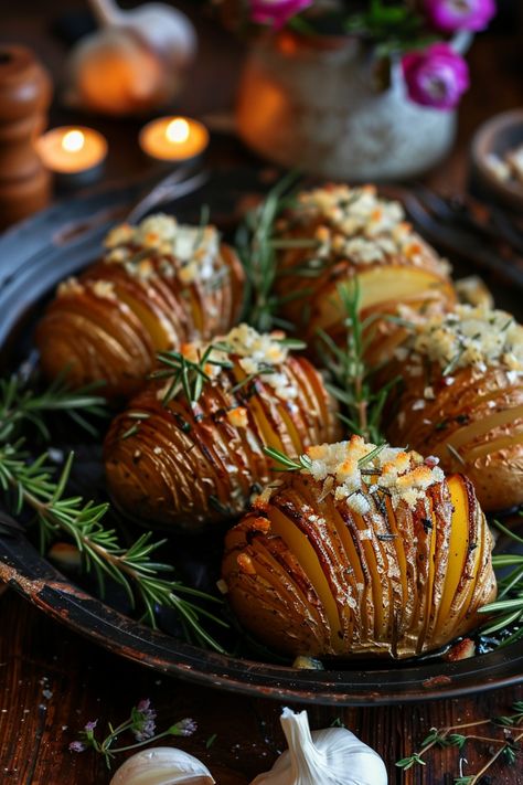 Hasselback potatoes garnished with rosemary and cheese, served on a dark platter with a rustic backdrop. Fancy Dinner Party Meals, Upscale Potatoes, Elevated Family Dinner, Christmas Catering Ideas Dinner Parties, Xmas Dishes Ideas, Fancy Sides For Dinner, Fancy Dinner Side Dishes, Friendsgiving Dinner Recipes, Christmas Side Dishes Potato