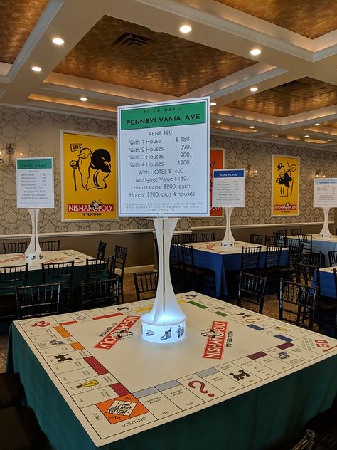 Game Night Decorations Ideas Diy, Monopoly Birthday Party Ideas, Monopoly Themed Party Decor, Game Night Centerpiece Ideas, Game Night Centerpieces, Gaming Centerpieces, Monopoly Party Ideas, Board Game Centerpieces, Monopoly Themed Party