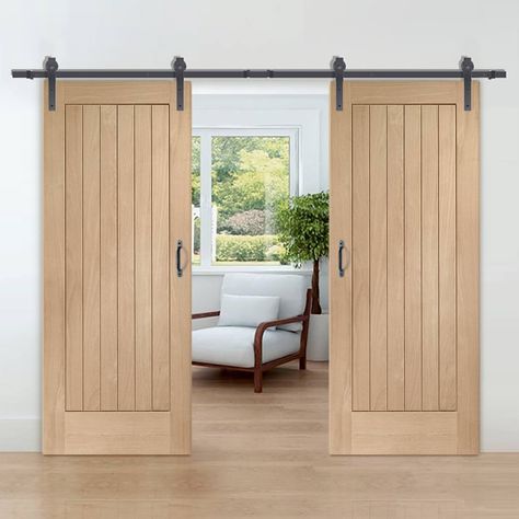 Thruslide Traditional Suffolk Oak Sliding Double Door - Lifestyle Image. #oakslidingdoor #slidingdoors Sliding Double Door, Sliding Doors Internal, Sliding Door Window Treatments, Wooden Sliding Doors, Internal Sliding Doors, Barn Style Sliding Doors, Veneer Door, Sliding Door Track, Barn Style Doors