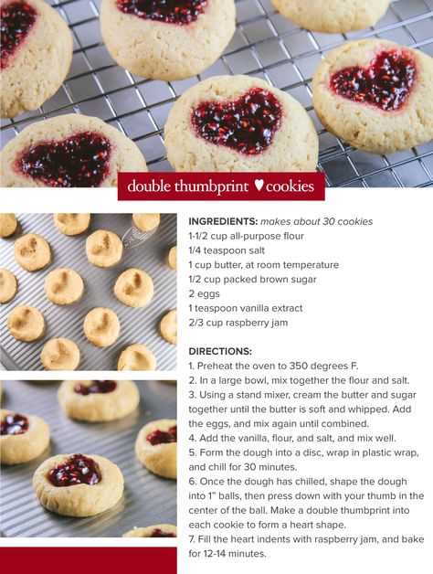 Double Thumbprint Heart Cookies Heart Biscuits Recipe, Cookies Jam Heart, Raspberry Heart Cookies, Jelly Heart Cookies Recipe, Easy Heart Cookies, Strawberry Heart Cookies Recipe, Heart Jelly Cookies Recipe, Heart Shaped Thumbprint Cookies, Heart Shape Cookies Recipe