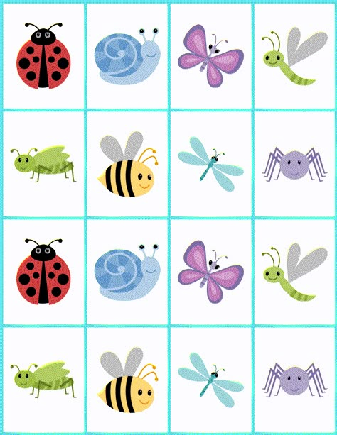 Cute color bugs for a memory matching game. Memory Game Printable Free, Diy Memory Game Free Printable, Memory Games For Adults, Memory Game Cards Free Printables, Matching Games For Kids, Insect Matching Free Printable, Spring Memory Game Free Printable, Printable Matching Game, Bug Matching Game Free Printable