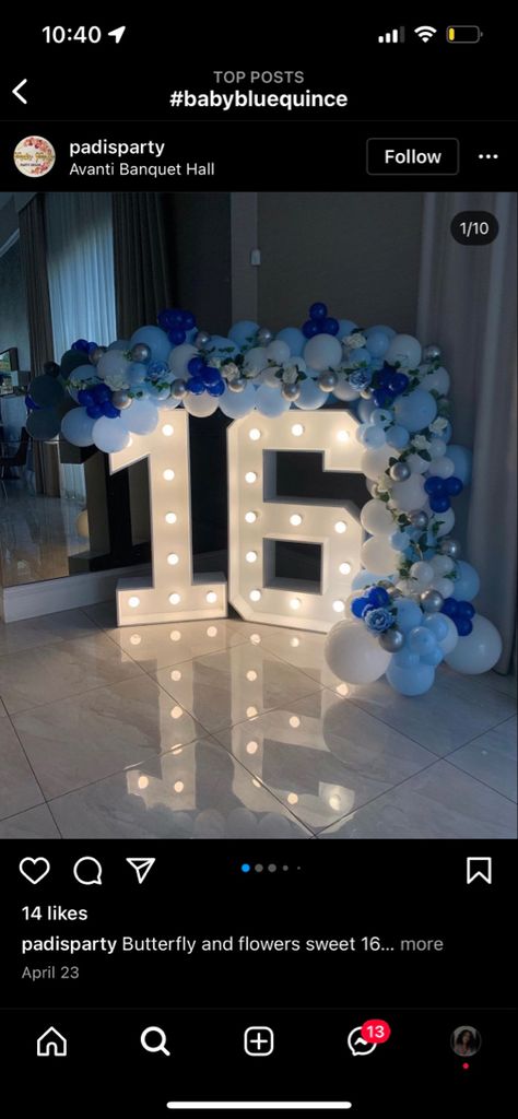 Cute Sweet 16 Decorations, Sky Blue Sweet 16 Dress, Blue Dresses For Sweet 16, Light Blue Sweet 16 Theme, Sweet Sixteen Light Blue Theme, Blue Sweet 16 Decorations Theme Parties, December Quinceanera Ideas, Sweet Sixteen Court Ideas, Sweet 16 Themes Blue