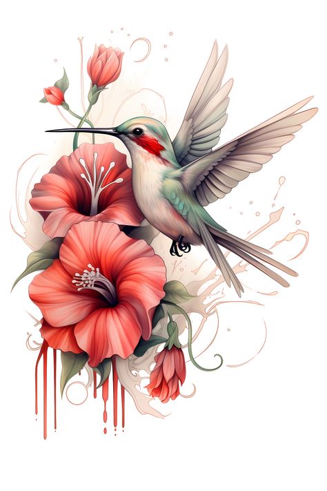 A beautiful hummingbird finds the perfect set of flowers. #Redbubble #Hummingbird #Delicate #TabbleDabble Arm Tattoos For Women Upper, Colorful Hummingbird Tattoo, Hummingbird Flower Tattoos, Hummingbird With Flowers, Robin Bird Tattoos, Hummingbird Drawing, Hummingbird Design, Hummingbird Pictures, Flower Tower