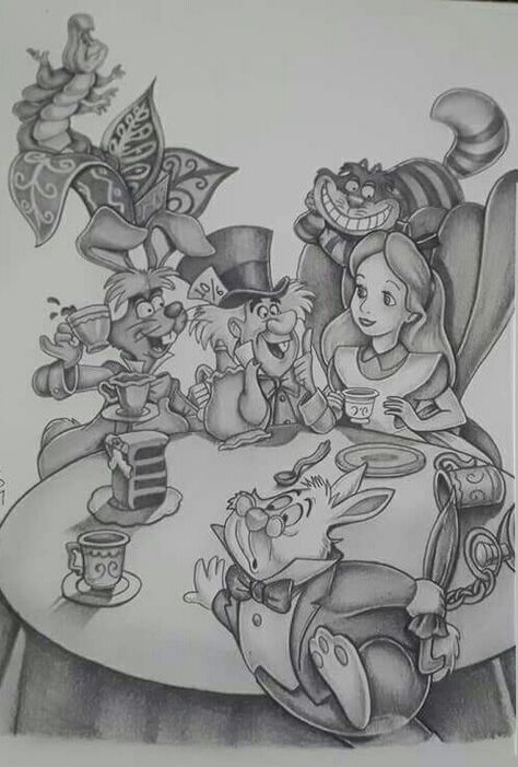 Alice In Wonderland Tea Party Tattoo, Drawing Ideas Alice In Wonderland, Alice In Wonderland Tea Party Drawing, Alice In Wonderland Tattoo Ideas Sketches, Alice And Wonderland Cartoon Drawings, Alice In Wonderland Sketches, Dark Alice In Wonderland Tattoo Ideas, Alice In Wonderland Tattoo Black And White, Alice In Wonderland Sketch