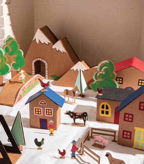 Cardboard Town, Cardboard Village, Cardboard Houses For Kids, Easter Village, Cardboard City, Diy Cardboard Toys, Cardboard Toys, Cardboard Box Crafts, Montessori Toddler Activities