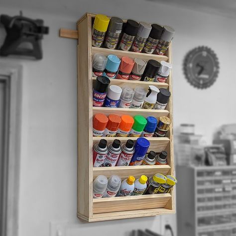 Here are detailed drawings for the paint can storage rack I made. It's relatively simple but holds a bunch of paint cans, or similarly sized cans, on your wall! Paint Rack Storage, Diy Paint Can Storage, Storing Spray Paint Cans Ideas, Aerosol Can Storage, Spray Can Organizer, How To Store Paint Cans, Spray Paint Rack, Paint Can Storage Ideas, Paint Can Storage