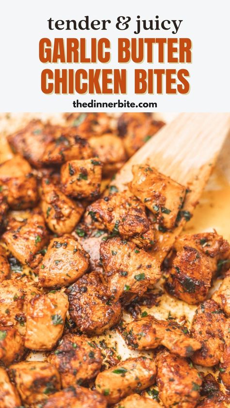 Discover the secret to tender and juicy Garlic Butter Chicken Bites that will leave your taste buds craving more! These mouth-watering bites are perfect for parties, family dinners, or even a cozy night in. Click here and learn how to make this scrumptious dish that will quickly become a family favorite! Good Easy Chicken Recipes, How To Cook Cubed Chicken, Chicken Bites Instant Pot, Honey Barbecue Chicken Bites, Chicken Bites And Potatoes Recipes, Recipes With Chicken Bites, Garlic Butter Chicken Bites Recipe, Chicken Tender Bites Recipes, Simple Quick Chicken Recipes