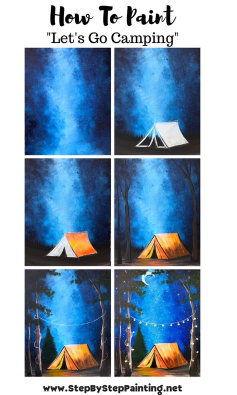 Paint Night Beginner, Painting A Landscape Step By Step, Cool Art Drawings Painting, Easy Camping Paintings, Free Paint Night Tutorial, Drawing Canvas Acrylics, Silhouette Art Tutorial, Camping Painting Acrylic, Camping Acrylic Painting Easy