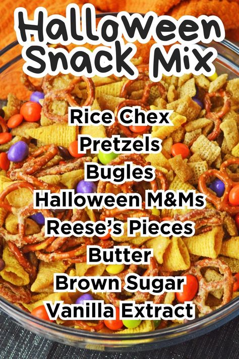 Halloween Snack Mix Recipe here:... - Crayons & Cravings Bugles Snack Mix, Fall Chex Mix Recipes, Halloween Chex Mix Recipes, Halloween Snack Mix Recipe, Fall Chex Mix, Halloween Chex Mix, Fall Snack Mixes, Snack Mix Recipe, Halloween Snack Mix