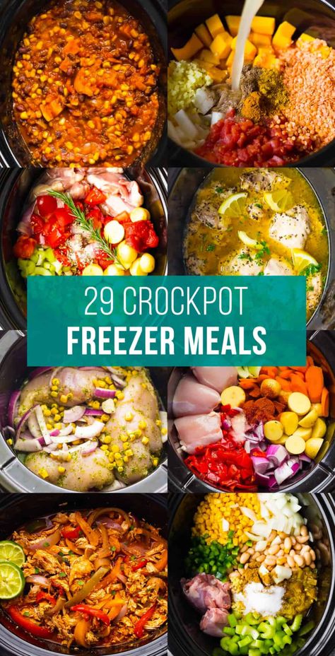 composite image of crockpot freezer meals Budget Crockpot Freezer Meals, Healthy Freezer Dump Meals Crock Pot, Frozen Prep Crockpot Meals, Dump And Cook Crockpot Meals, Crockpot Frozen Recipes, Frozen Individual Meal Prep, Freezer Meals Crockpot Healthy, Freezable Crockpot Meals, Prepared Frozen Crockpot Meals