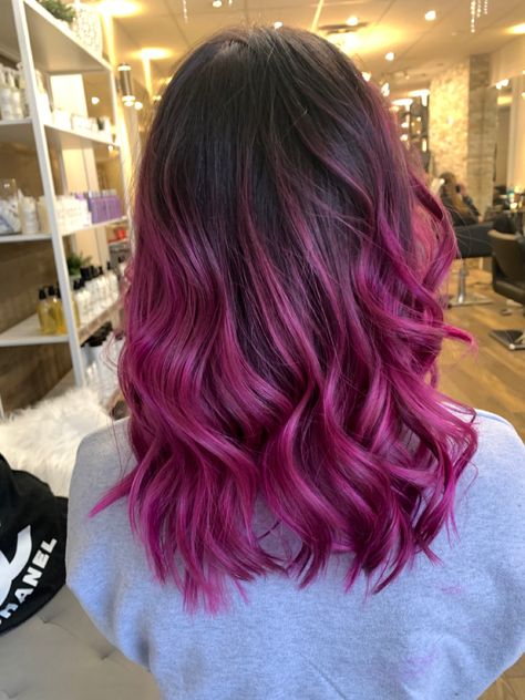 Dark Brown With Pink Hair, Magenta Balayage Hair, Dark Brown Hair With Magenta Balayage, Brown And Fuschia Hair, Brunette And Pink Balayage, Pink With Dark Roots, Dark Root Colored Hair, Pink Balayage On Dark Hair, Brown To Magenta Ombre Hair